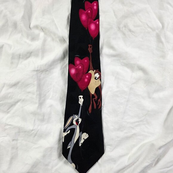 Vintage 90s Looney Tunes Mania Valentines Bugs Bunny Taz Heart Balloons Neck Tie - Picture 2 of 5